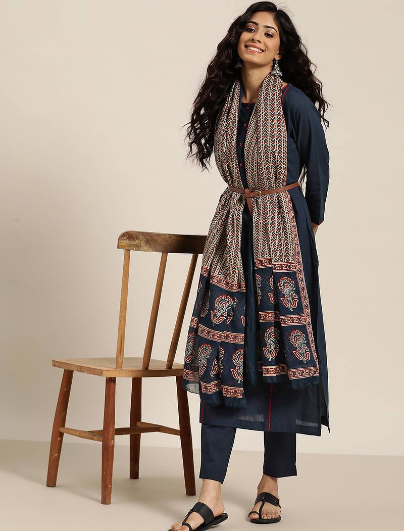 women navy blue & beige cotton solid panelled kurta with trousers & dupatta