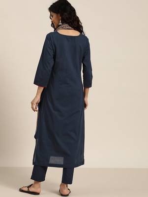 women navy blue & beige cotton solid panelled kurta with trousers & dupatta 4
