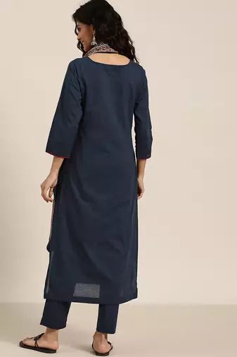 women navy blue & beige cotton solid panelled kurta with trousers & dupatta