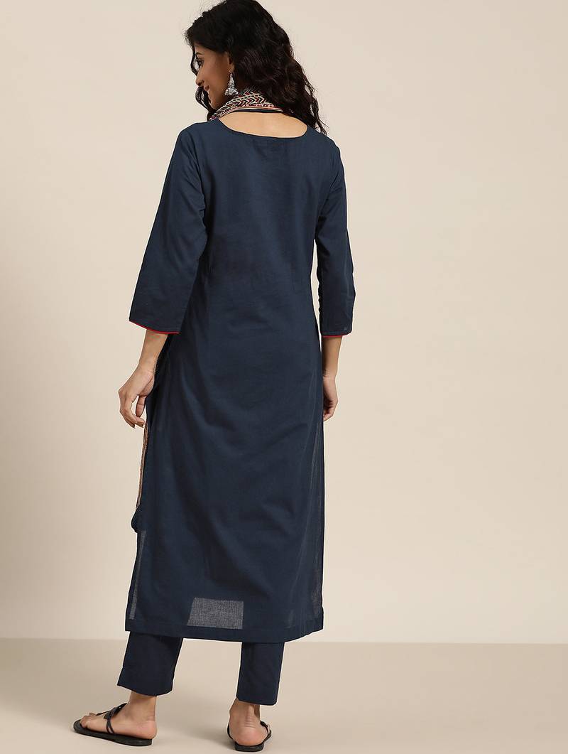 women navy blue & beige cotton solid panelled kurta with trousers & dupatta