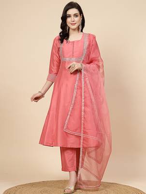 women peach-coloured mirror work embroidered anarkali kurta & trousers with dupatta 1