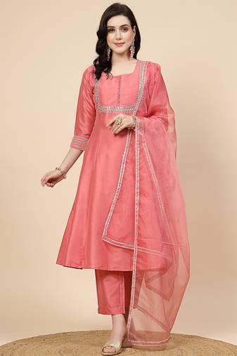 women peach-coloured mirror work embroidered anarkali kurta & trousers with dupatta