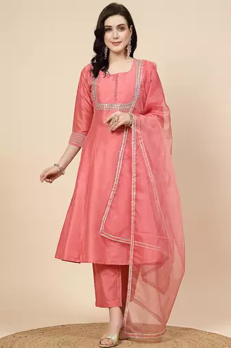 women peach-coloured mirror work embroidered anarkali kurta & trousers with dupatta