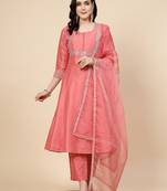 women peach-coloured mirror work embroidered anarkali kurta & trousers with dupatta