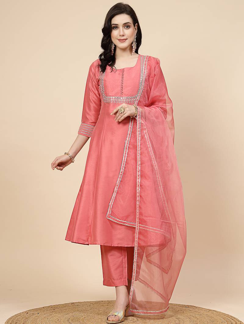 women peach-coloured mirror work embroidered anarkali kurta & trousers with dupatta