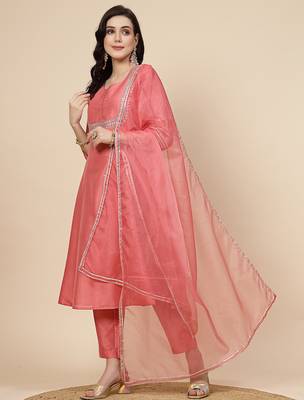 women peach-coloured mirror work embroidered anarkali kurta & trousers with dupatta 2
