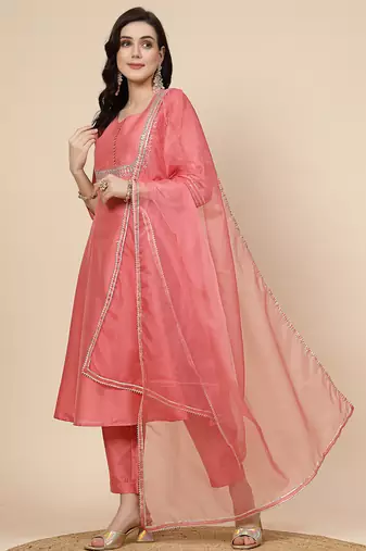 women peach-coloured mirror work embroidered anarkali kurta & trousers with dupatta