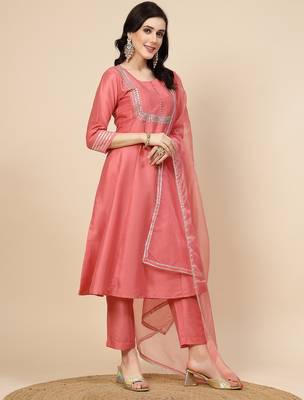 women peach-coloured mirror work embroidered anarkali kurta & trousers with dupatta 3