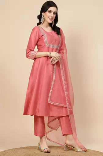 women peach-coloured mirror work embroidered anarkali kurta & trousers with dupatta