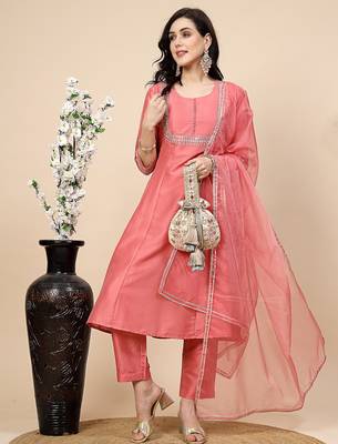 women peach-coloured mirror work embroidered anarkali kurta & trousers with dupatta 4