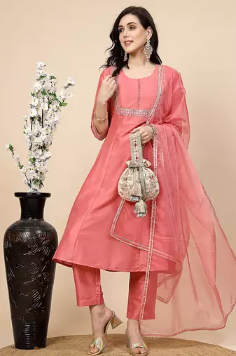 women peach-coloured mirror work embroidered anarkali kurta & trousers with dupatta