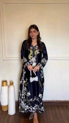 Navy Blue Color Embroidery Work Satin Salwar Suit 1