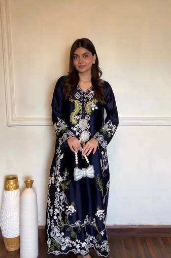 Navy Blue Color Embroidery Work Satin Salwar Suit