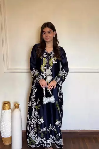 Navy Blue Color Embroidery Work Satin Salwar Suit