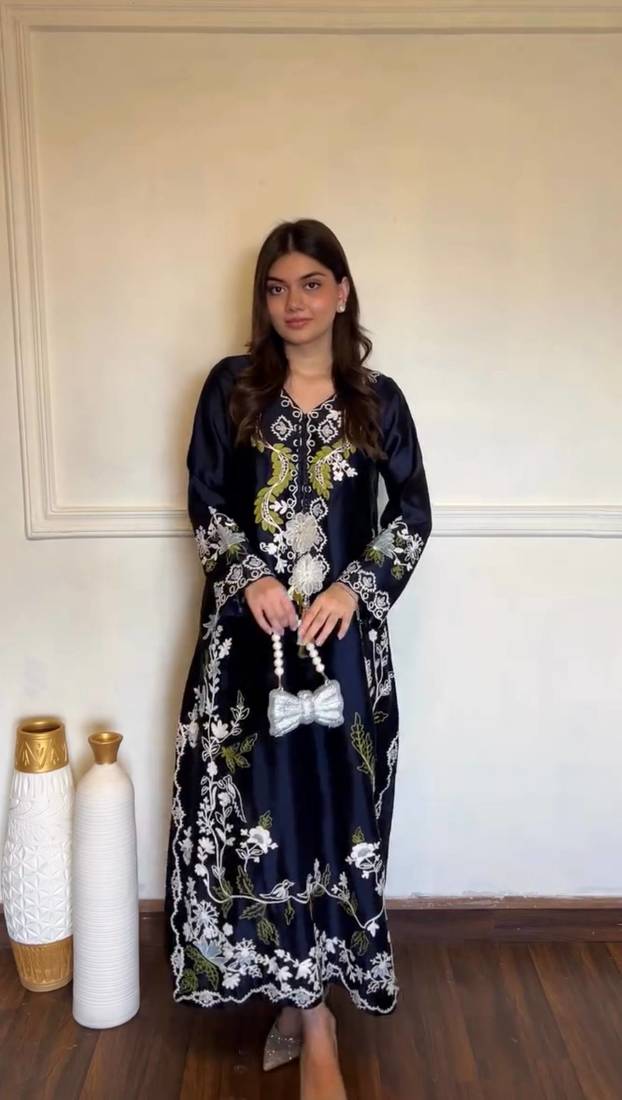 Navy Blue Color Embroidery Work Satin Salwar Suit