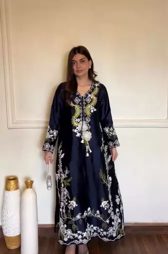 Navy Blue Color Embroidery Work Satin Salwar Suit