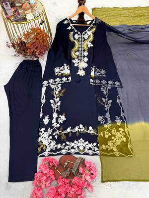 Navy Blue Color Embroidery Work Satin Salwar Suit 3