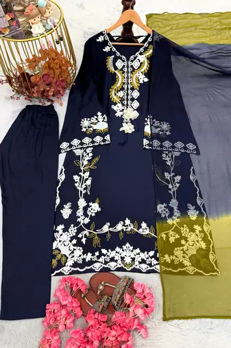 Navy Blue Color Embroidery Work Satin Salwar Suit