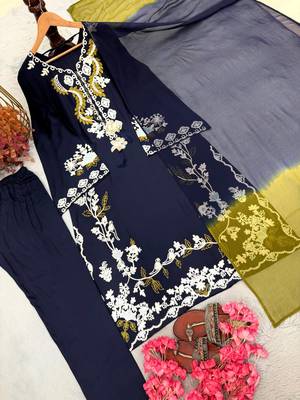 Navy Blue Color Embroidery Work Satin Salwar Suit 4