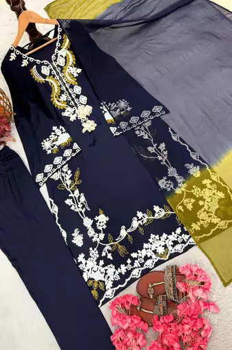 Navy Blue Color Embroidery Work Satin Salwar Suit