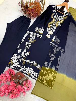 Navy Blue Color Embroidery Work Satin Salwar Suit 5