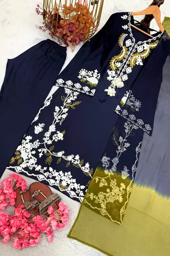 Navy Blue Color Embroidery Work Satin Salwar Suit