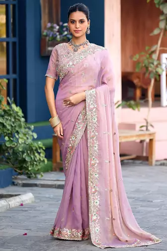 Ethnic lavender embroidery butti work moss shimmer saree with unstitched blouse