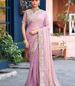 Ethnic lavender embroidery butti work moss shimmer saree with unstitched blouse