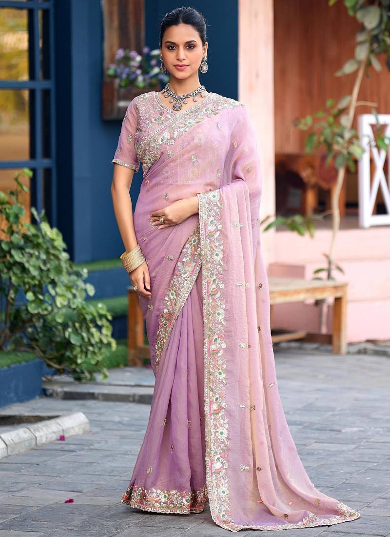 Ethnic lavender embroidery butti work moss shimmer saree with unstitched blouse