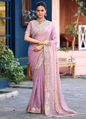 Ethnic lavender embroidery butti work moss shimmer saree with unstitched blouse 2
