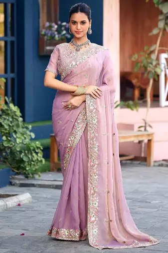 Ethnic lavender embroidery butti work moss shimmer saree with unstitched blouse