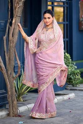 Ethnic lavender embroidery butti work moss shimmer saree with unstitched blouse 3
