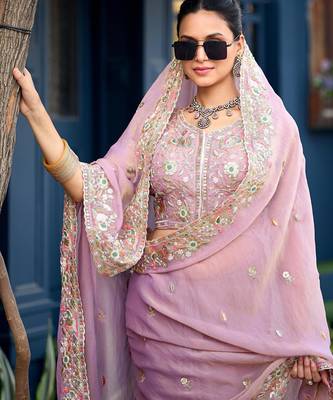 Ethnic lavender embroidery butti work moss shimmer saree with unstitched blouse 5