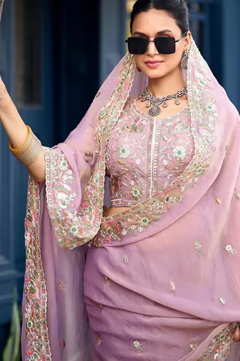 Ethnic lavender embroidery butti work moss shimmer saree with unstitched blouse