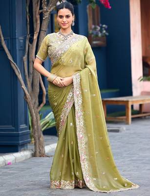Trendy olive green embroidery butti work moss shimmer saree with unstitched blouse 1