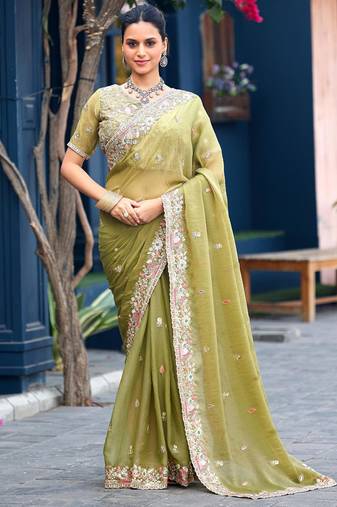Trendy olive green embroidery butti work moss shimmer saree with unstitched blouse