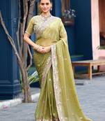 Trendy olive green embroidery butti work moss shimmer saree with unstitched blouse