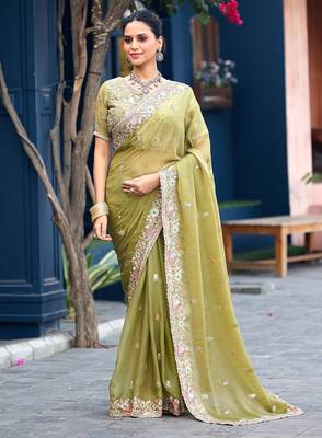 Trendy olive green embroidery butti work moss shimmer saree with unstitched blouse 2