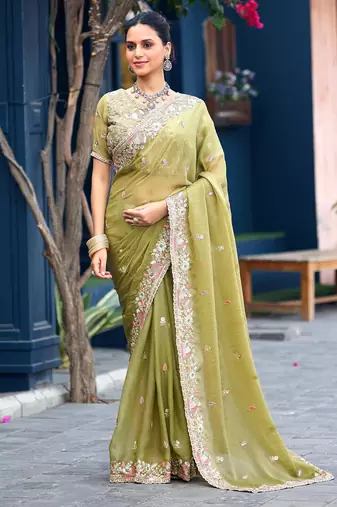 Trendy olive green embroidery butti work moss shimmer saree with unstitched blouse