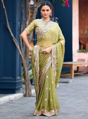 Trendy olive green embroidery butti work moss shimmer saree with unstitched blouse 3
