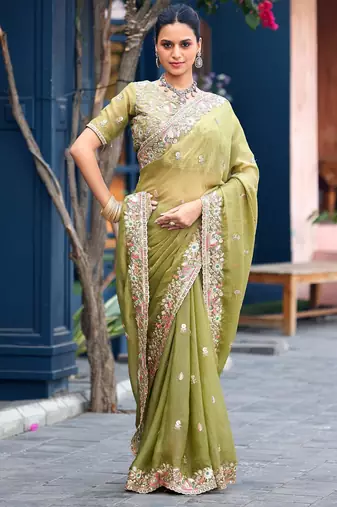 Trendy olive green embroidery butti work moss shimmer saree with unstitched blouse