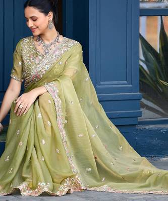 Trendy olive green embroidery butti work moss shimmer saree with unstitched blouse 4