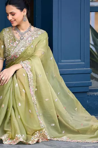 Trendy olive green embroidery butti work moss shimmer saree with unstitched blouse