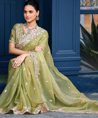 Trendy olive green embroidery butti work moss shimmer saree with unstitched blouse 5