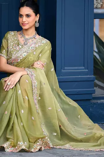 Trendy olive green embroidery butti work moss shimmer saree with unstitched blouse