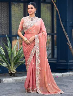 Traditional peach embroidery butti work moss shimmer saree with unstitched blouse 1