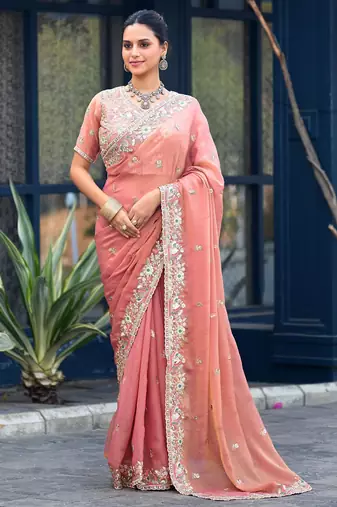 Traditional peach embroidery butti work moss shimmer saree with unstitched blouse