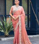 Traditional peach embroidery butti work moss shimmer saree with unstitched blouse