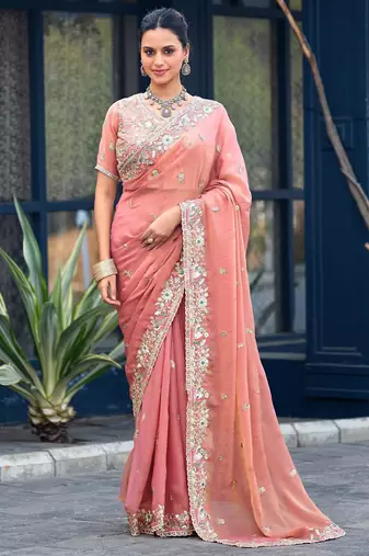 Traditional peach embroidery butti work moss shimmer saree with unstitched blouse
