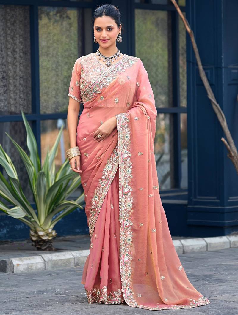 Traditional peach embroidery butti work moss shimmer saree with unstitched blouse